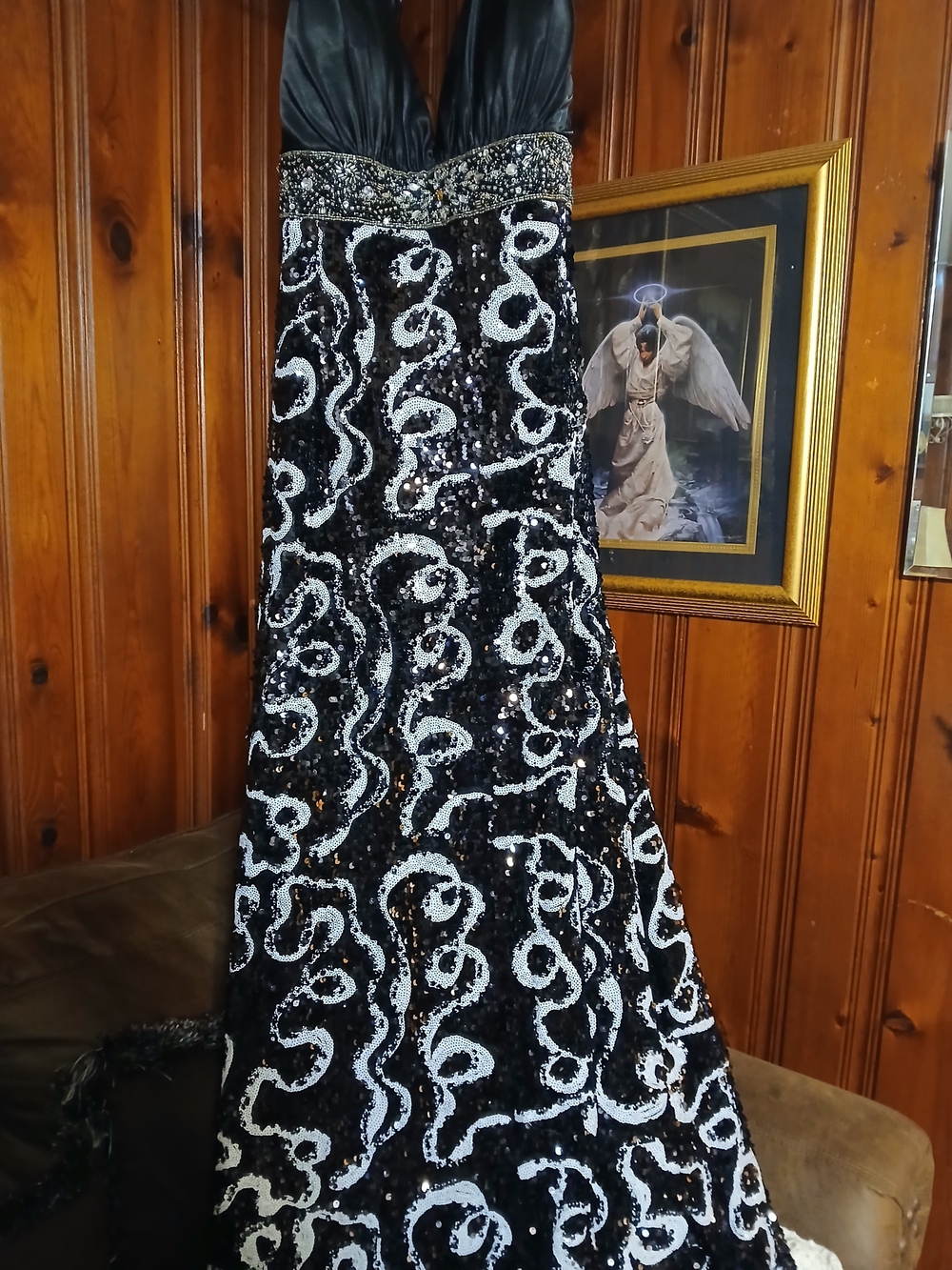 Riva Designs Black and White Sequin Strapless Prom Gown